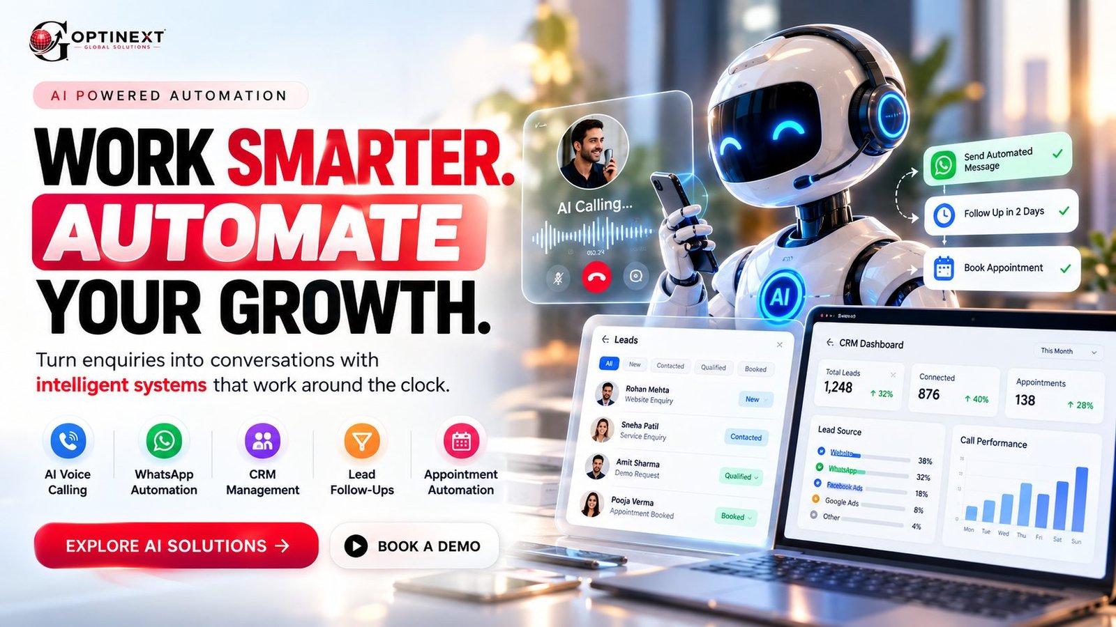 Optinext AI Automation — AI voice calling, WhatsApp automation, CRM management, lead follow-ups and appointment automation